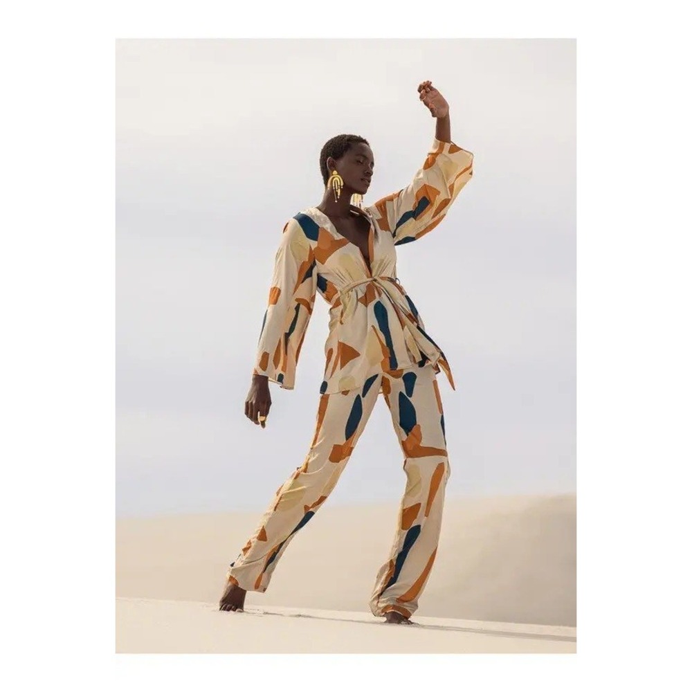 Diarrablu Mini Kimono & Leer Palazzo Pants Set Size 3XL Tilo Cream 2 Piece Boho